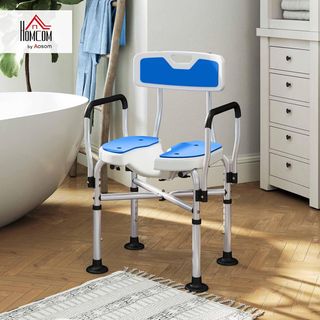 Silla de Ducha Con Respaldo, Apoyabrazos, Asiento Estriado Y Barras De Refuerzo, Taburete De Ducha Con Altura Regulable, Orificios Para Agua Y Patas Antideslizantes Para Ancianos Y Discapacitados,...