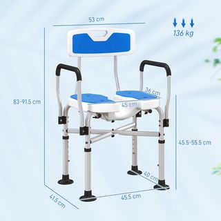Silla de Ducha Con Respaldo, Apoyabrazos, Asiento Estriado Y Barras De Refuerzo, Taburete De Ducha Con Altura Regulable, Orificios Para Agua Y Patas Antideslizantes Para Ancianos Y Discapacitados,...