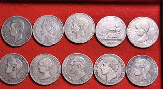 Lote 10 monedas 5 pesetas plata