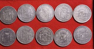Lote 10 monedas 5 pesetas plata