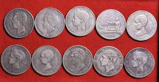 Lote 10 monedas 5 pesetas plata