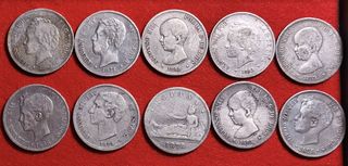 Lote 10 monedas 5 pesetas plata