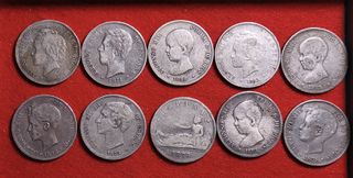 Lote 10 monedas 5 pesetas plata
