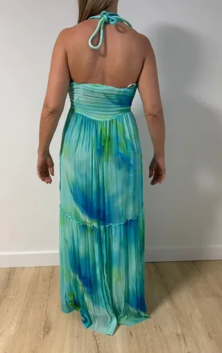 Vestido largo Mango gasa verde y turquesa