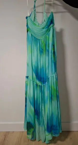 Vestido largo Mango gasa verde y turquesa