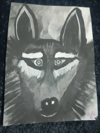 Pintura Original Lobo Blanco y Negro