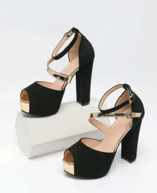 Sandalias Tacón Alto Mujer Hebilla Negro Dorado