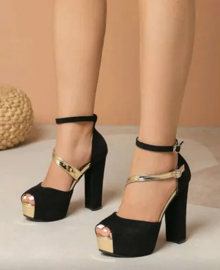 Sandalias Tacón Alto Mujer Hebilla Negro Dorado