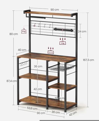 VASAGLE Estantería de Cocina, Soporte para Panadería, Isla de Cocina con Tira Magnética de Cuchillo, Cesta de Alambre, Soporte de Papel, 12 Ganchos, Marrón Rústico y Negro KKS026B01