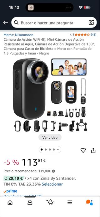 Cámara Acción WiFi 4K 150° Negra