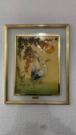 Cuadro Cigueñas Marco Dorado Cristal