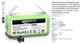 Batería Li-ion 14.4V 2600mAh para Cecotec Conga