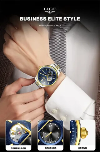 Reloj LIGE automático Hombre Azul y Dorado