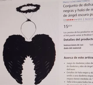 Disfraz ángel negro capa con capucha, alas y halo