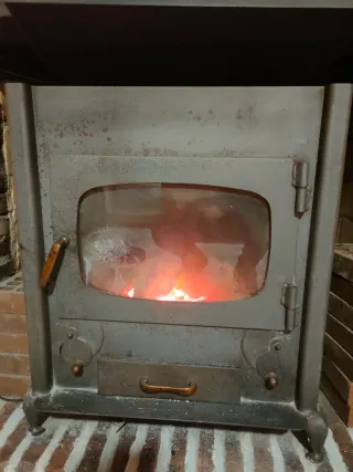 Estufa de leña metálica con puerta de cristal