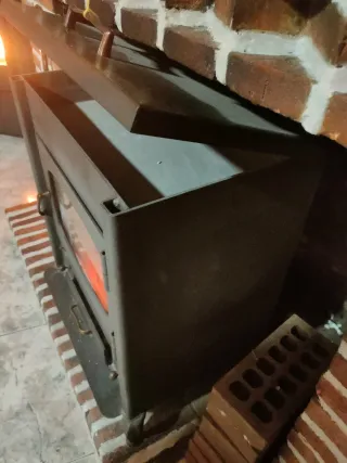 Estufa de leña metálica con puerta de cristal