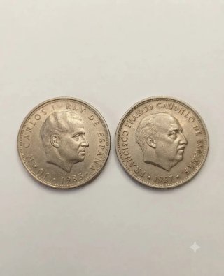 2 x 7 euros. Monedas de 25 y 50 Pesetas.