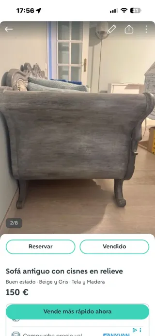 Sofá antiguo cisnes relieve beige/gris