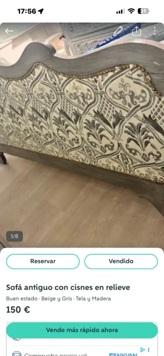 Sofá antiguo cisnes relieve beige/gris