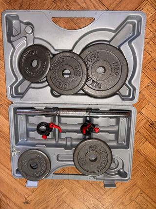 Caja de mancuernas con discos
