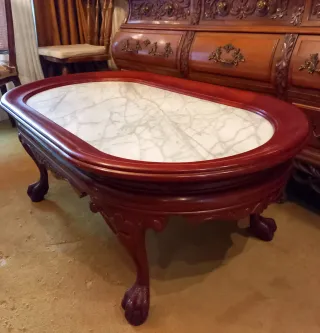 Mesa centro mármol y madera oscura