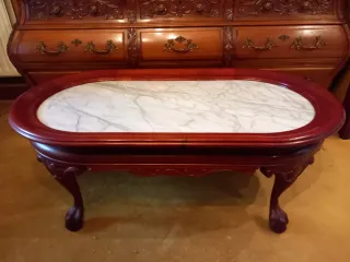 Mesa centro mármol y madera oscura