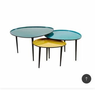 Mesas centro apilables metal teal y amarillo