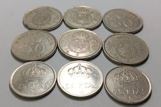 Lote 9 monedas 50 y 25 ptas. Rey J.Carlos I