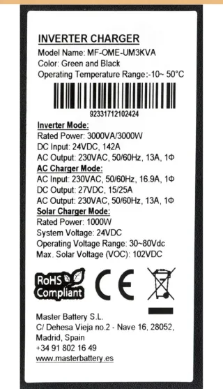 Inversor Cargador Híbrido Master U-Power UM 3000W