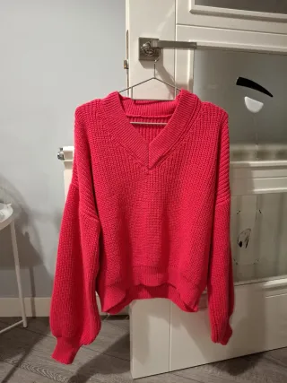 Jersey punto cuello pico rosa fucsia, mangas ancha