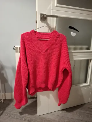 Jersey punto cuello pico rosa fucsia, mangas ancha