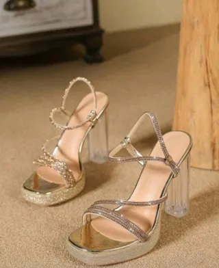 Sandalias Brillantes Tacón Transparente