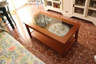 Mesa auxiliar elevable madera y cristal