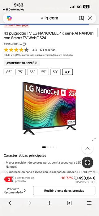 TV LED 43" - LG 43NANO82T6B.AEU, UHD 4K, Procesado