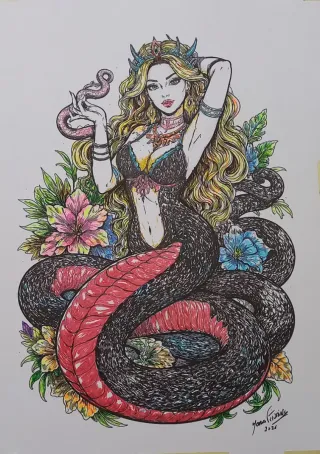 Pintura Original Tinta China Mulher Serpente
