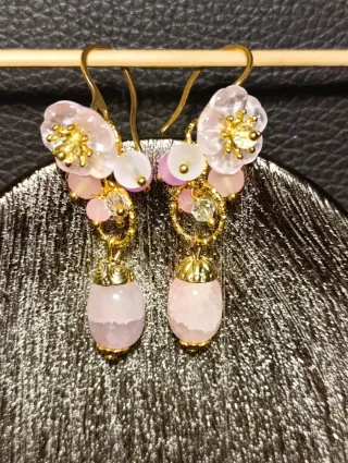 Orecchini Murano Quarzo Rosa Acciaio Dorato