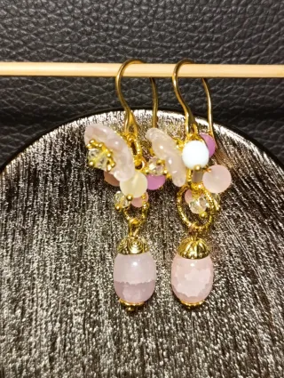 Orecchini Murano Quarzo Rosa Acciaio Dorato