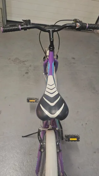 Bicicleta niña morada, tiene cesta blanca.