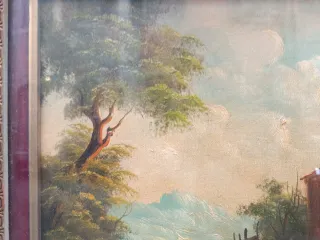 Quadro antico con castello e paesaggio