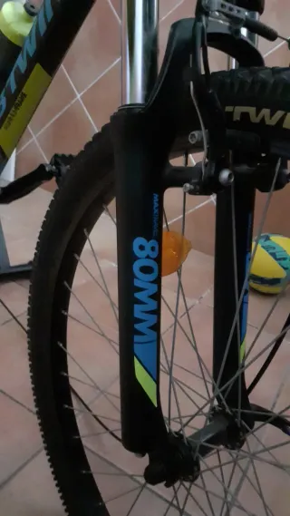 Bicicleta de montaña con casco y rodillo