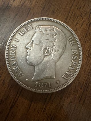 Moneda 5 Pesetas Amadeo I Rey de España 1871 18*71