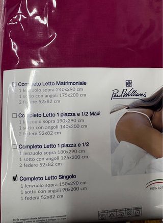 Completo letto Paul Williams vari colori e misure