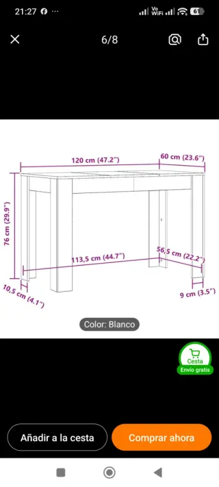Mesa de cocina madera blanca 120x60 cm