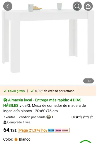 Mesa de cocina madera blanca 120x60 cm