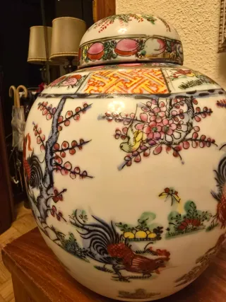 Tarro Jengibre Porcelana Macao Gallos