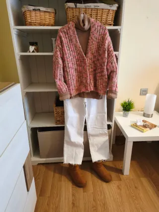 Cárdigan rosa y marrón mujer