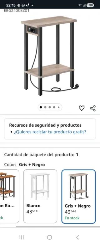 Mesa auxiliar Hoobro gris y negra con enchufe