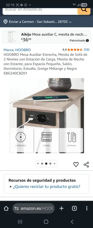 Mesa auxiliar Hoobro gris y negra con enchufe