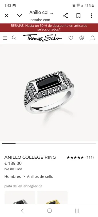 Anillo Thomas Sabo Talla 58 con onix plata 925