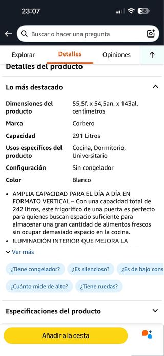 Nevera Corbero 5 meses de uso